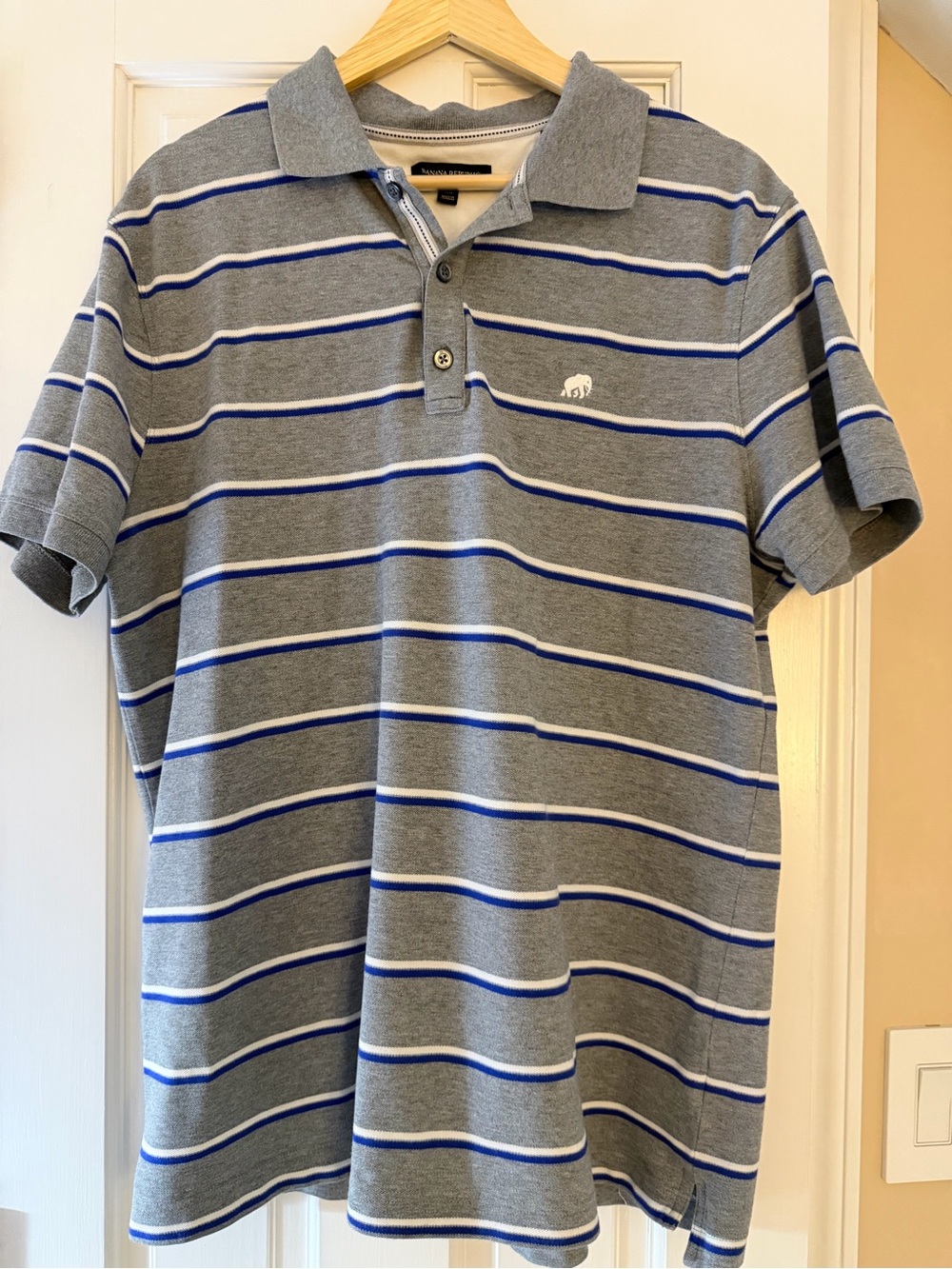 Banana Republic Gray Polo with Blue & White Stripes, elephant logo